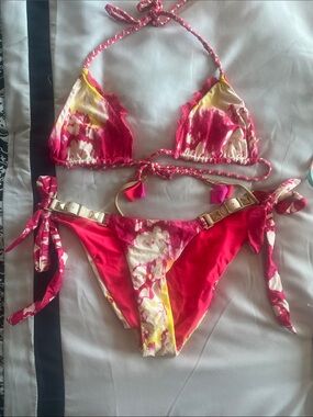 Beach Bunny Pink Yellow Tie-Dye Triangle Bikini Set Small-Medium